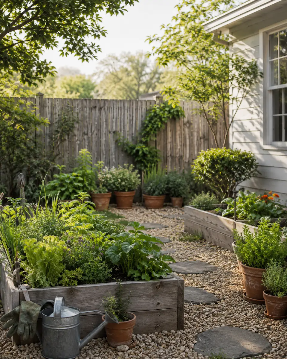 Small, inviting backyard garden with raised beds and lush herbs